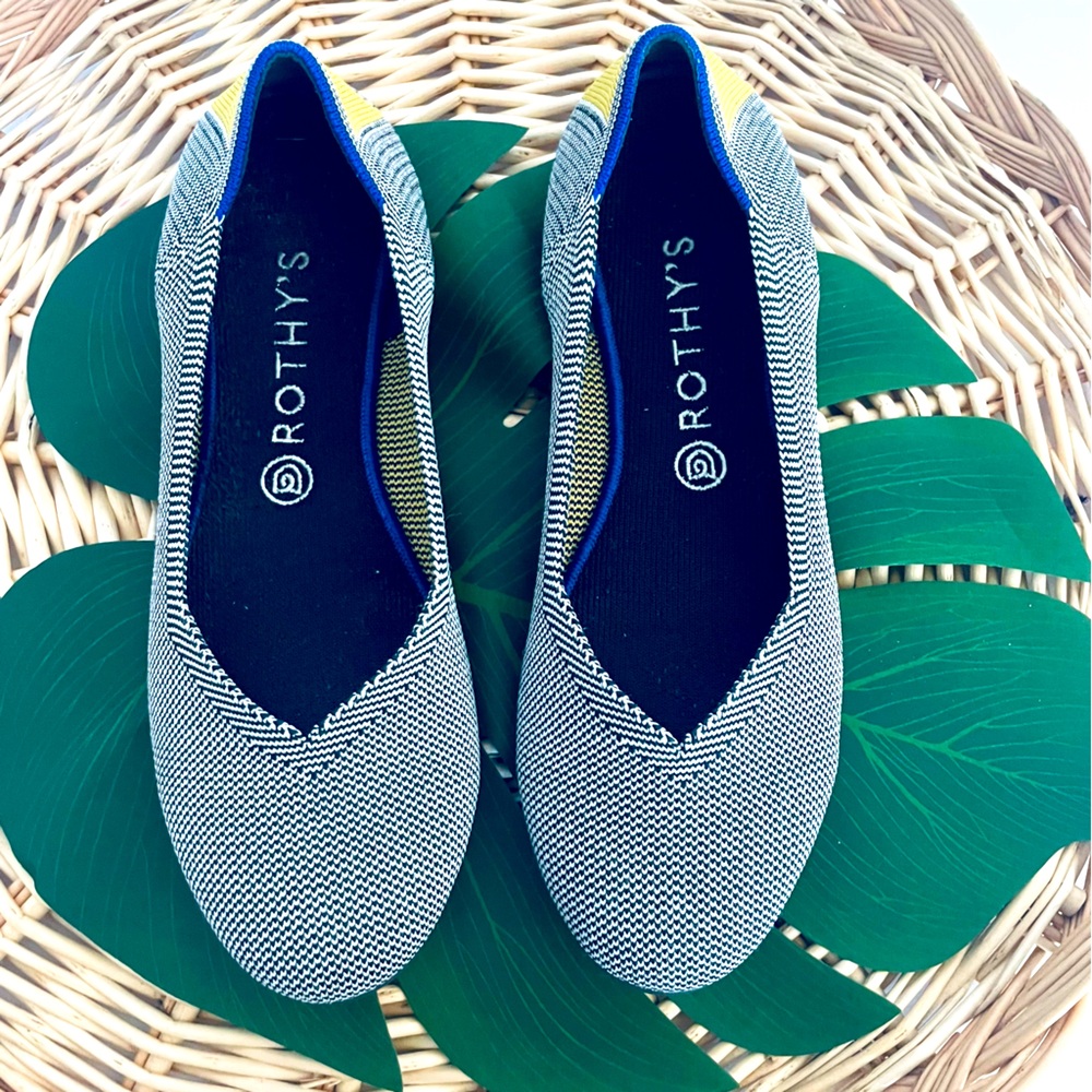 Rothy's The Flat Shale Ribbon Yellow Stripe Round Toe Ballet Loafers Size 10